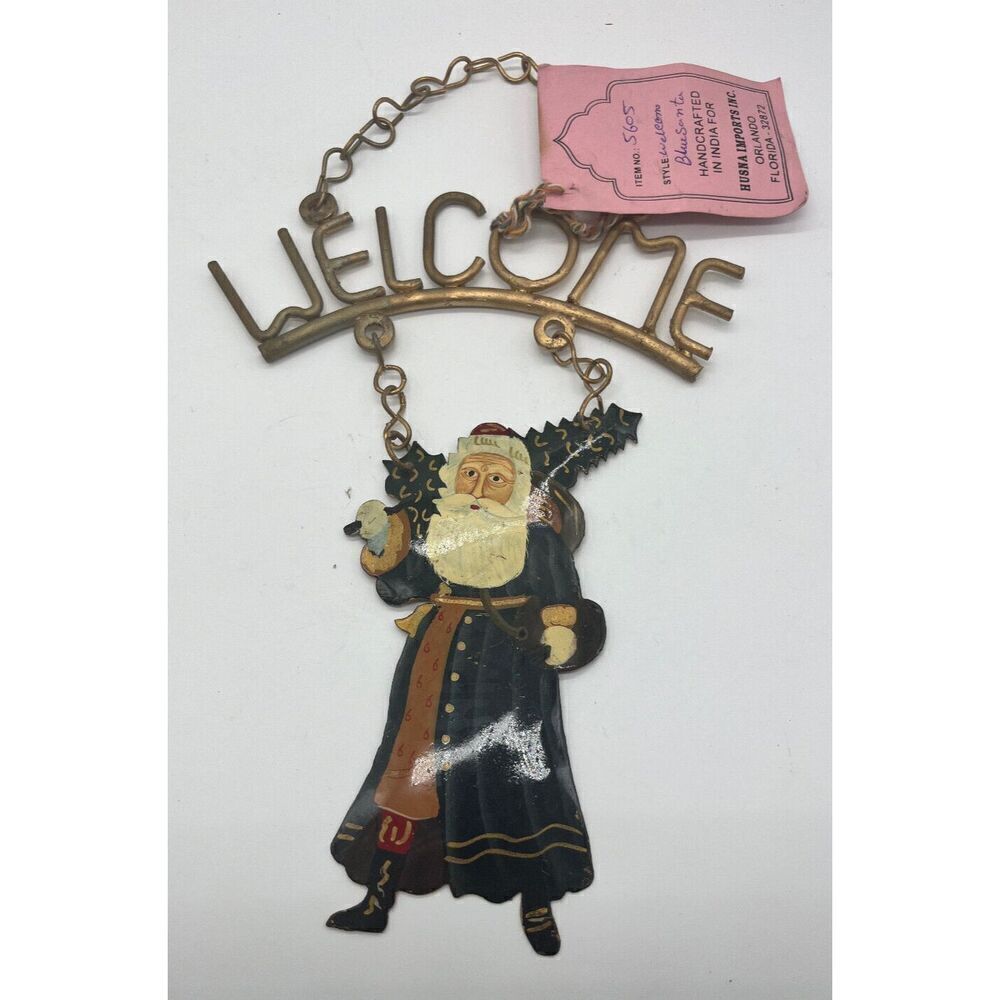 NEW Vintage Metal Christmas Hanging Welcome Santa Sign with‎ Tag